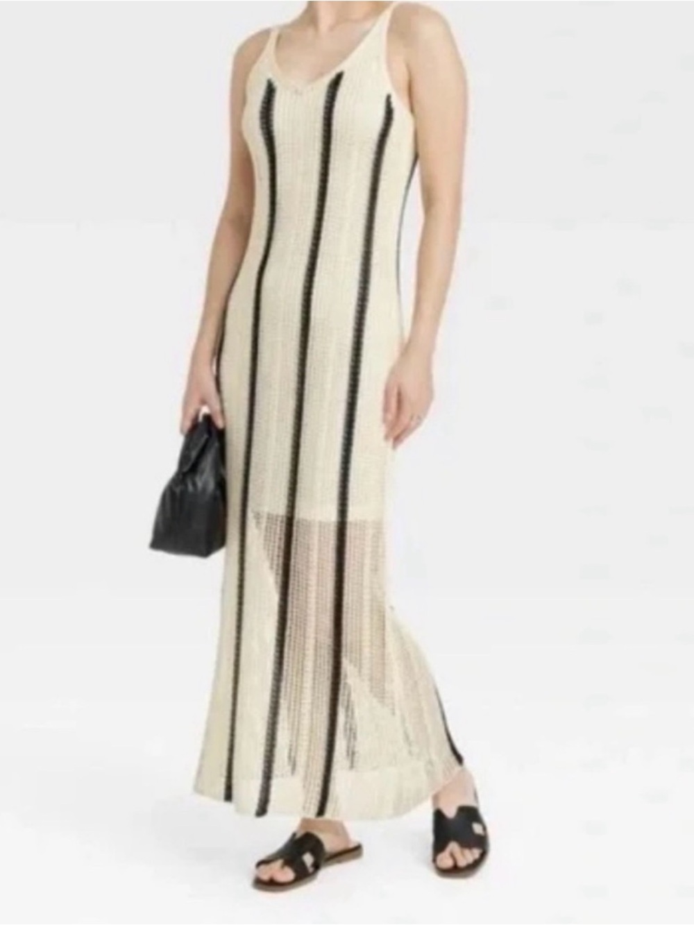a new day Cream and Black Striped Knit Midi Dress with slip